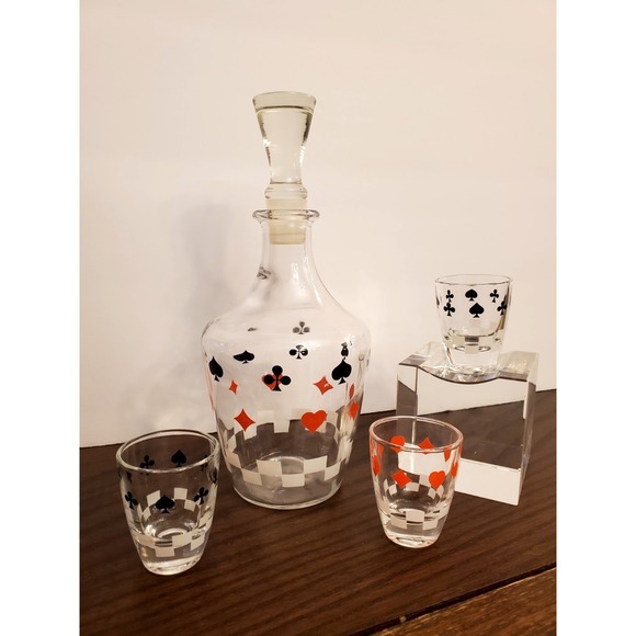 Vintage Verrerie D'Arques France Poker Card Decanter w/3 Shot Glasses - Picture 2 of 16